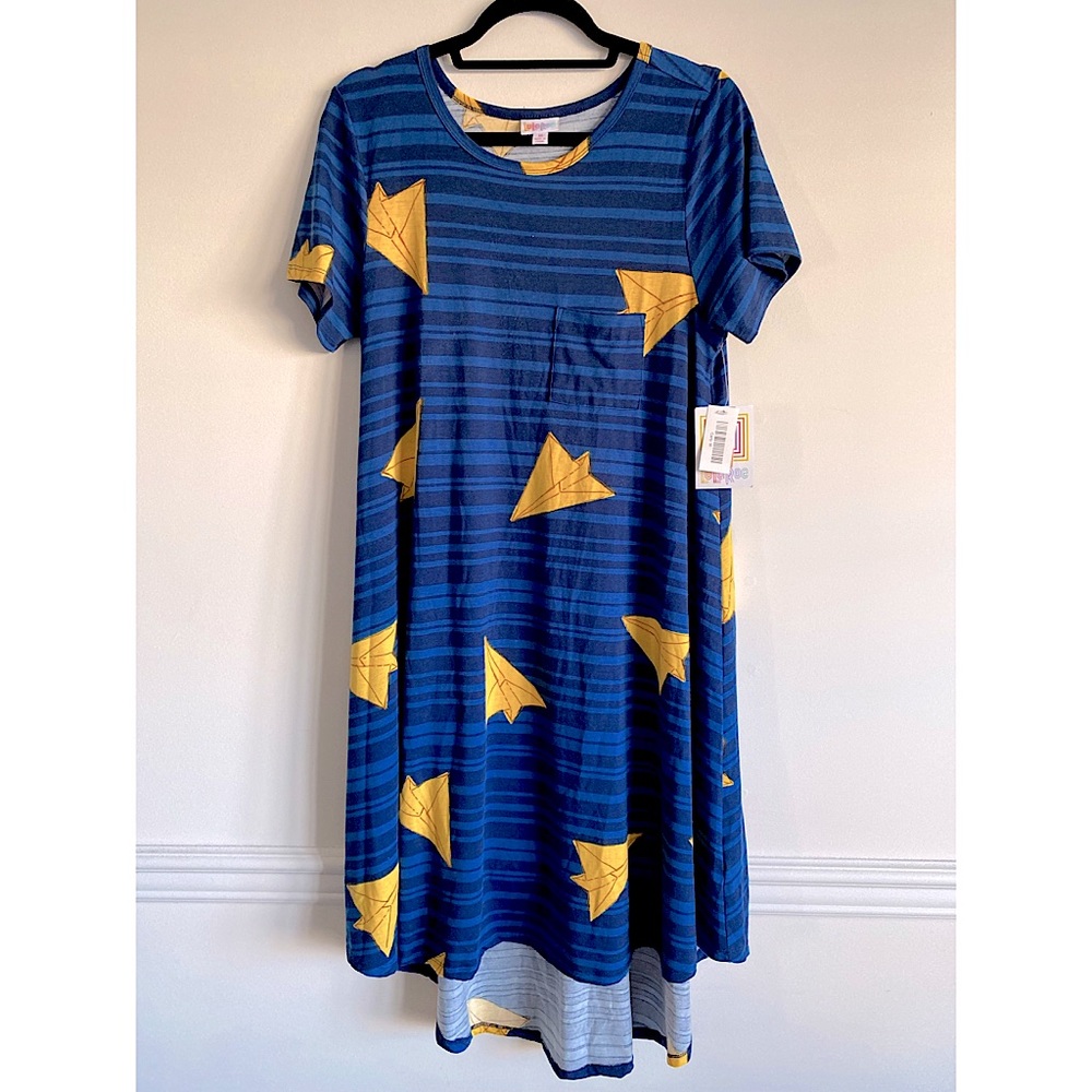 NWT LuLaRoe Blue Stripes with Yellow Paper Airplane Print Carly Dress - Size M